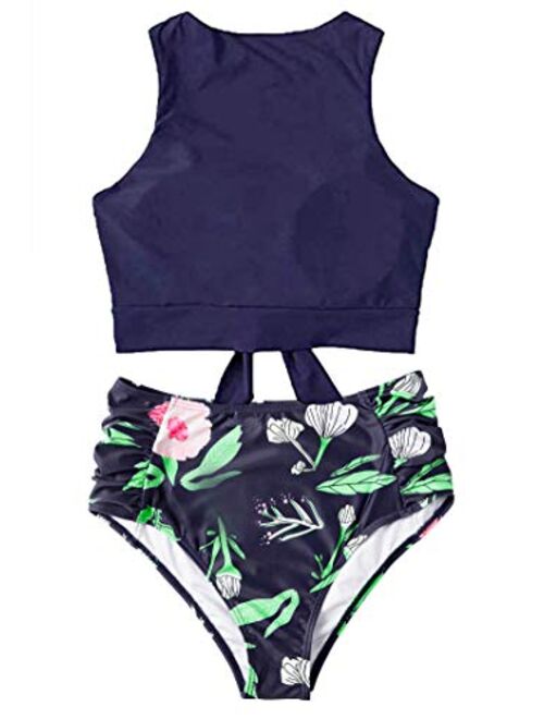 Floral Crop Tie Knot Front High Waisted California Bikini Set Hawaii Two Piece Swimsuit for Women