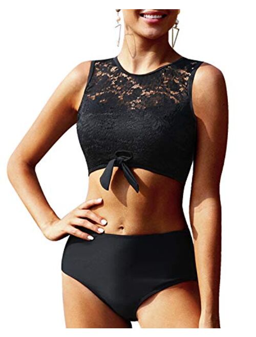 Tempt Me Women Lace Bikini Tie Knot Front High Waisted Swimsuit Padded Two Piece Bathing Suits