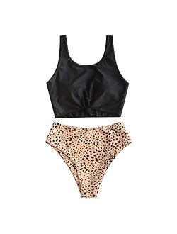 Women's High Waisted Bikini Scoop Neck Swimsuit Two Pieces Bathing Suit