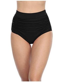 Women's High Waisted Bikini Bottoms Shirred Tankini Briefs Tummy Control Swim Shorts