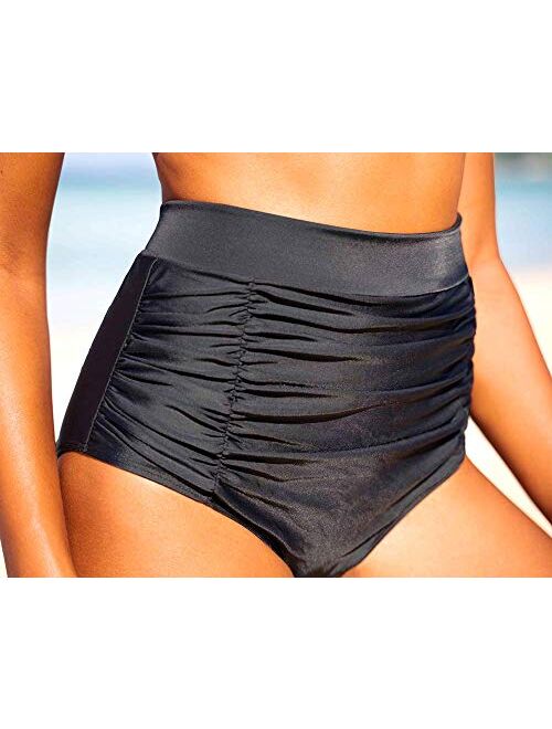 Firpearl Women's High Waisted Bikini Bottoms Shirred Tankini Briefs Tummy Control Swim Shorts
