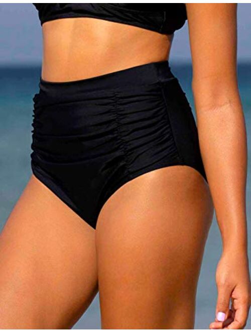 Firpearl Women's High Waisted Bikini Bottoms Shirred Tankini Briefs Tummy Control Swim Shorts