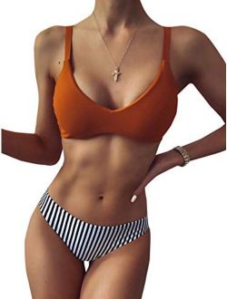 Women's Swimsuit Two Piece V Neck Wireless Mini Stripe Printed Swimsuit Bottom Swimwear