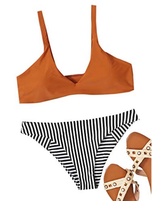 SheIn Women's Swimsuit Two Piece V Neck Wireless Mini Stripe Printed Swimsuit Bottom Swimwear