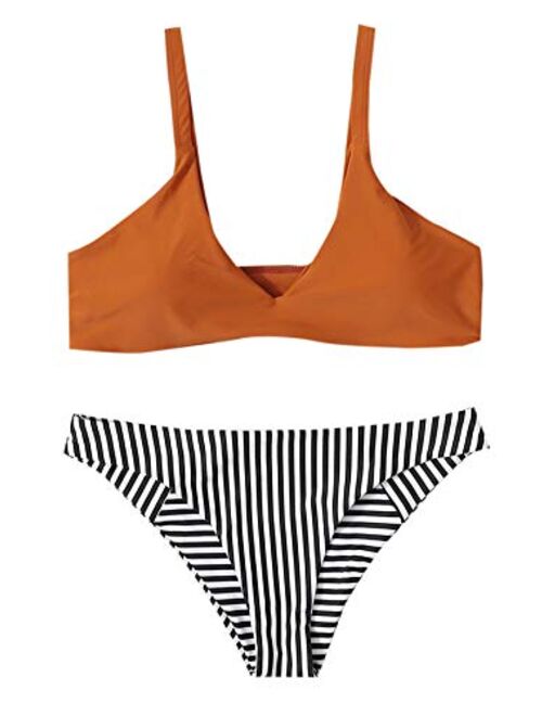 SheIn Women's Swimsuit Two Piece V Neck Wireless Mini Stripe Printed Swimsuit Bottom Swimwear