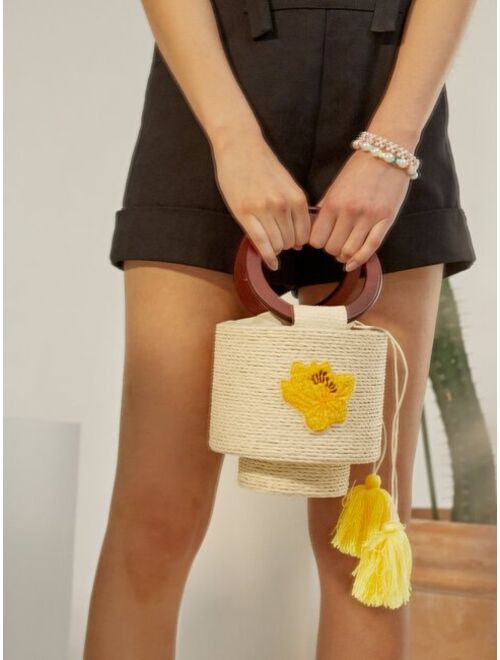 Shein Tassel Charm Flower Embroidered Bucket Bag