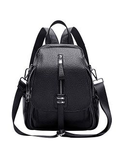 Genuine Leather Backpack Purse for Women Convertible Shoulder Bag with Buckle Flap