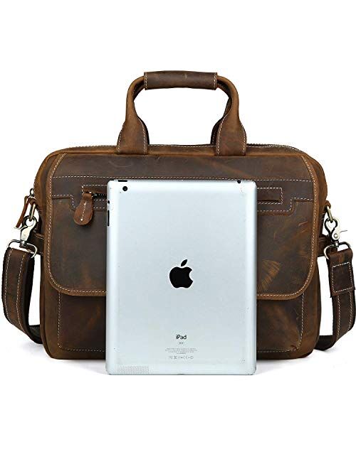 Iswee Leather Briefcase Fit under 16.5" Laptop Tote Shoulder Bag for Men Messenger Satchel Work Case Handbags Crossbody (Dark Brown, Large)