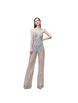 Lace Wide-Leg Crystal Beaded Jumpsuit