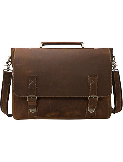 Iswee Crazy Horse Leather Mens Messenger Bag Briefcase Vintage Briefcase Fit 16" or 17" Laptop Satchel Shoulder Bag for Traveling (Large Dark Brown)