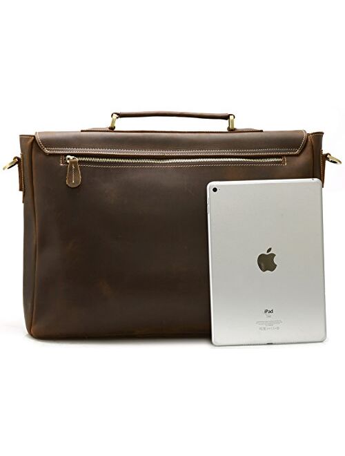 Iswee Crazy Horse Leather Mens Messenger Bag Briefcase Vintage Briefcase Fit 16" or 17" Laptop Satchel Shoulder Bag for Traveling (Large Dark Brown)