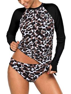 Womens Long Sleeve Rashguard Shirt Color Block Print Tankini Swimsuit