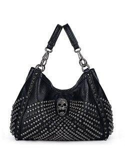 Women Skull Tote Bag Large Capacity Rivet Studded Handbag Smooth PU Leather Purse Shoulder Bags 467 with Wallet Strap