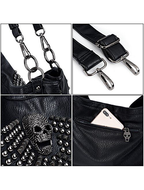 UTO Women Skull Tote Bag Large Capacity Rivet Studded Handbag Smooth PU Leather Purse Shoulder Bags 467 with Wallet Strap
