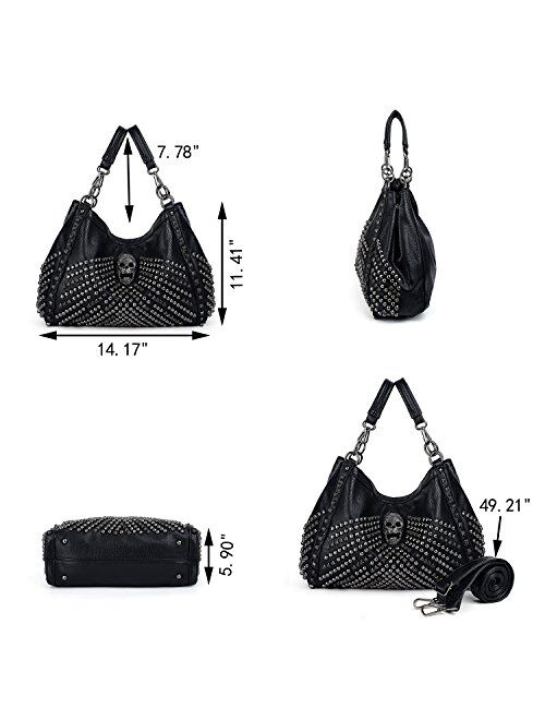 UTO Women Skull Tote Bag Large Capacity Rivet Studded Handbag Smooth PU Leather Purse Shoulder Bags 467 with Wallet Strap