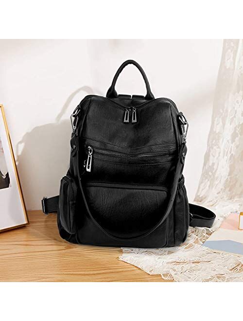 UTO Women Backpack Purse Leather Vegan Convertible Ladies Rucksack Zipper Pocket Shoulder Bag with Detachable Pouch