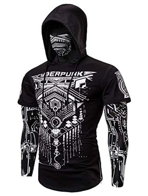 HONIEE Performance Cycling Hoodie with Face Mask 3D Printed False Two-pieces Hooded Long Sleeve Shirt