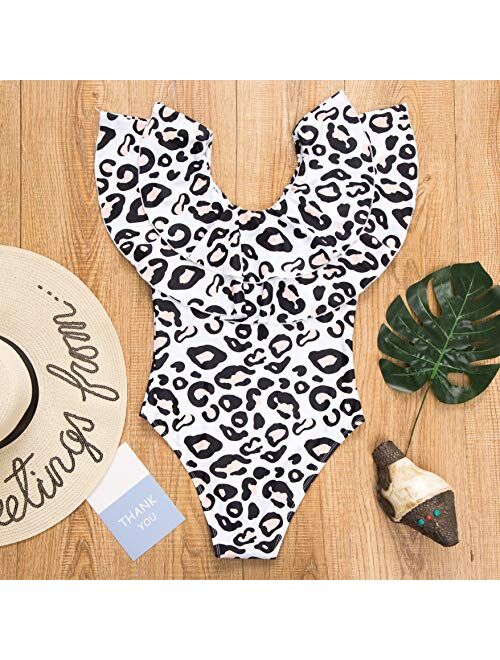Mommy and Me Swimsuit One Piece Leopard Ruffle Bathing Suit Family Matching Swimwear Monokini