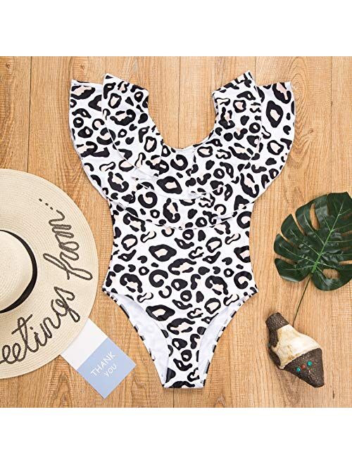 Mommy and Me Swimsuit One Piece Leopard Ruffle Bathing Suit Family Matching Swimwear Monokini