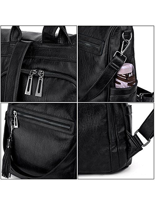 UTO Women Anti-Theft Backpack Purse PU Washed Leather Ladies Tassels Convertible Rucksack Shoulder Bag