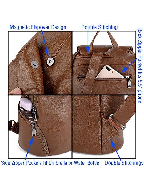 UTO Women Backpack Purse PU Washed Leather Large Capacity Ladies Rucksack Shoulder Bag