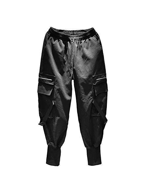 MOKEWEN Men's Womens Zipper Ribbon Straps Streetwear Jogger Cargo Ninth Pants with Pockets