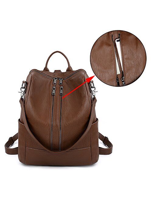 UTO Women Backpack Purse PU Washed Leather Convertible Ladies Rucksack Double Zipper Pockets with Shoulder Strap