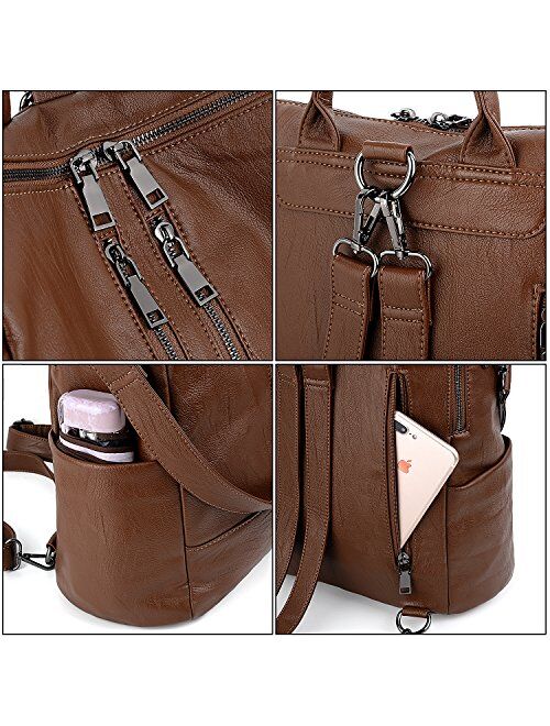 UTO Women Backpack Purse PU Washed Leather Convertible Ladies Rucksack Double Zipper Pockets with Shoulder Strap