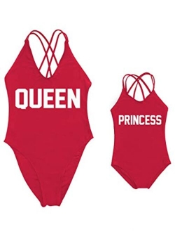 Mommy and Me Matching Family Swimsuit Queen & Princess One Piece Mother Daughter Girls Swimwear Cross Back Bathing Suits
