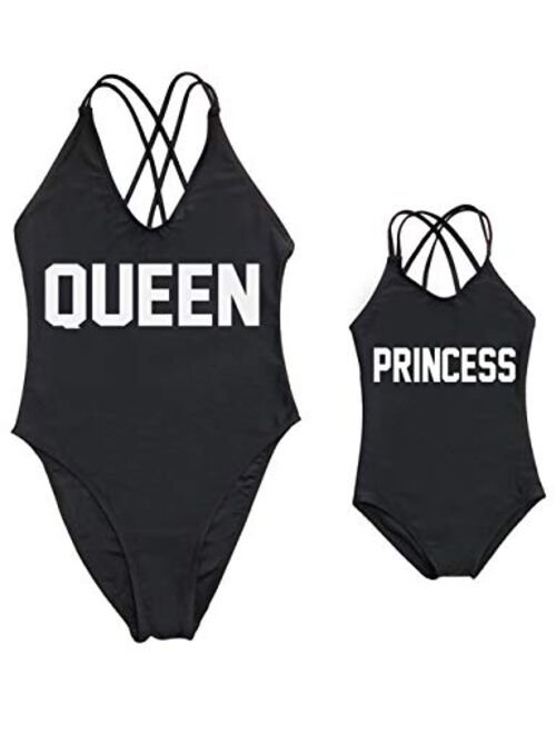 Mommy and Me Matching Family Swimsuit Queen & Princess One Piece Mother Daughter Girls Swimwear Cross Back Bathing Suits
