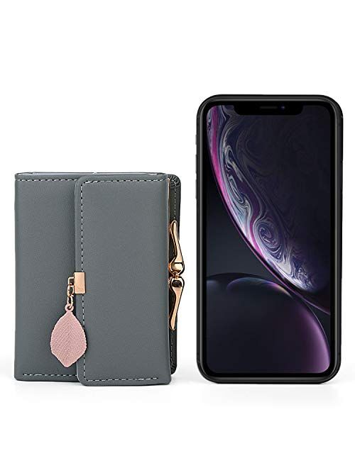 UTO Small Wallet for Women PU Leather Leaf Pendant Card Holder Organizer Coin Purse