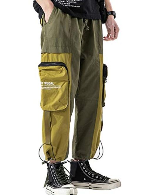 MOKEWEN Men's Two Tone Patchwork Elastic Waist Jogger Cargo Ninth Pants with Multi Pocket