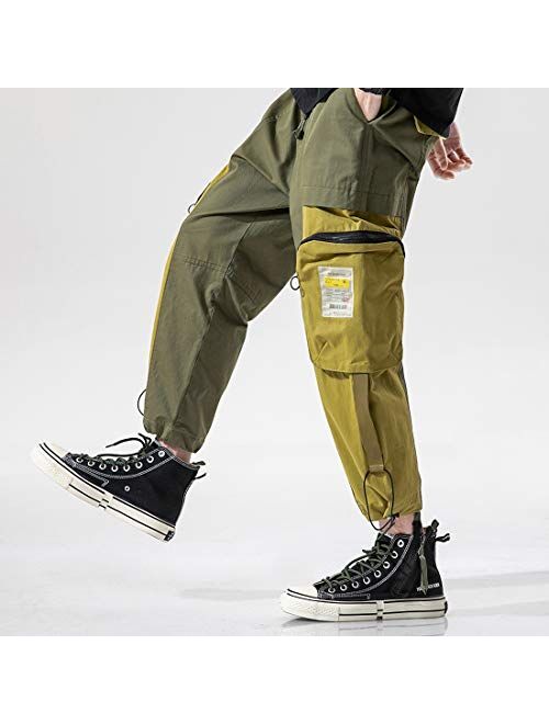 MOKEWEN Men's Two Tone Patchwork Elastic Waist Jogger Cargo Ninth Pants with Multi Pocket