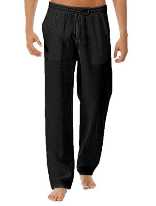 HONIEE Mens Cotton Linen Loose Casual Lightweight Elastic Waist Yoga Beach Pants