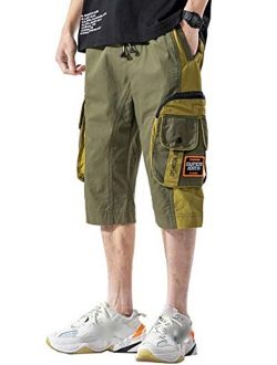 Men's Two Tone Elastic Waist Capri Pants Jogger Cargo Shorts with Multi Pocket
