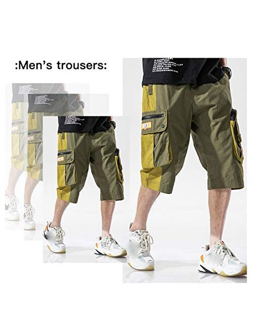 MOKEWEN Men's Two Tone Elastic Waist Capri Pants Jogger Cargo Shorts with Multi Pocket