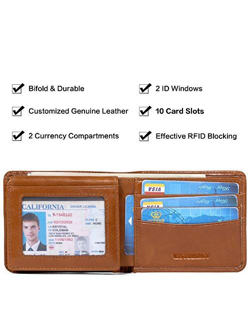 WESTBRONCO Genuine Leather Bifold Wallet for Men RFID Blocking Slim Credit Card Holder with 2 ID Windows