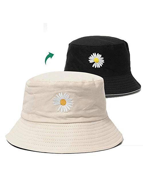 HONIEE Flower Embroidery Bucket Hat Summer Travel Bucket Beach Sun Hat Reversible Visor Outdoor Cap