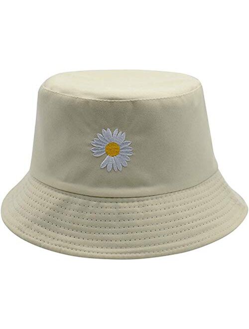 HONIEE Flower Embroidery Bucket Hat Summer Travel Bucket Beach Sun Hat Reversible Visor Outdoor Cap