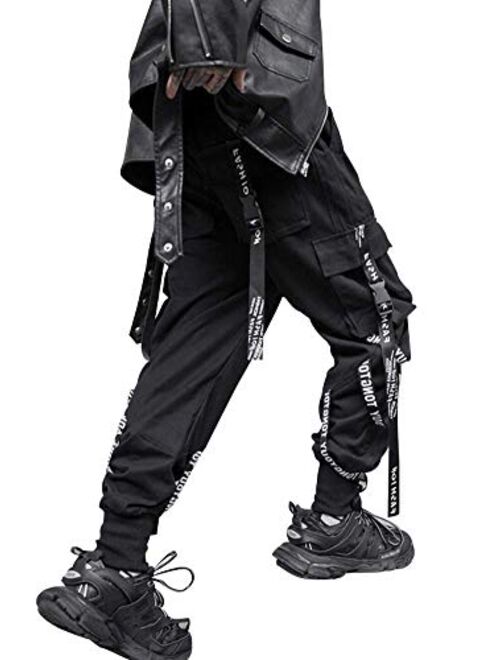 HONIEE Men's Hiphop Punk Straps Jogger Sport Ankle Athletic Harem Pants (Black/White Straps)