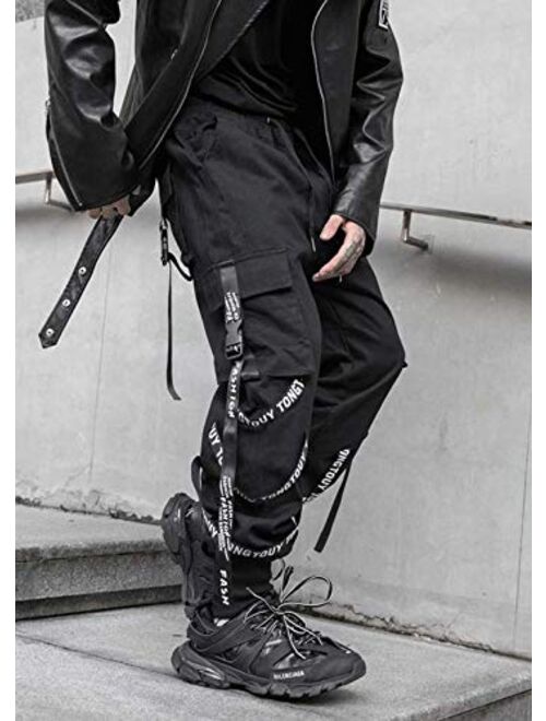 HONIEE Men's Hiphop Punk Straps Jogger Sport Ankle Athletic Harem Pants (Black/White Straps)