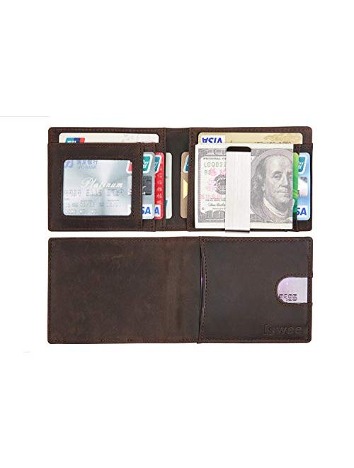 Iswee Mens Leather Bifold Wallet with Money Clip RFID Blocking Minimalist Front Pocket Wallets