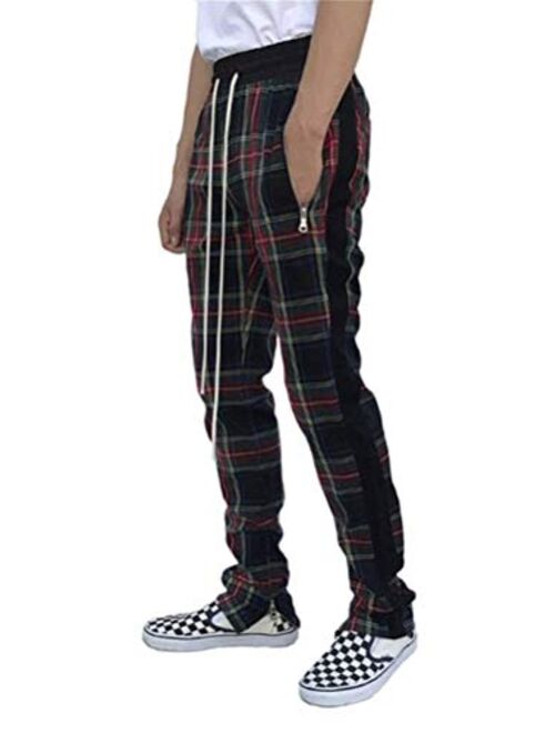 HONIEE Men’s Hip Hop Slim Fit Track Pants Plaid Stripe Ankle Zip Premium Track Pants