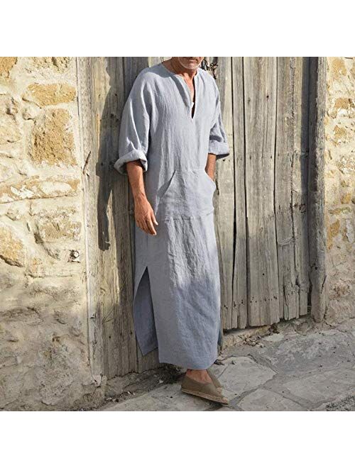 Haseil Mens V-Neck Kaftan Robe Roll Up Long Sleeve Line Solid Long Gown Side Split Thobe