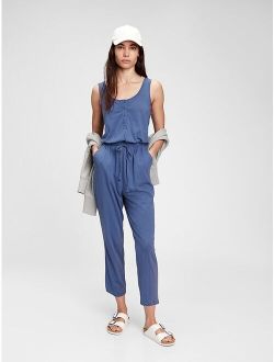 Crew Neck Henley Button Placket Sleeveless Jumpsuit