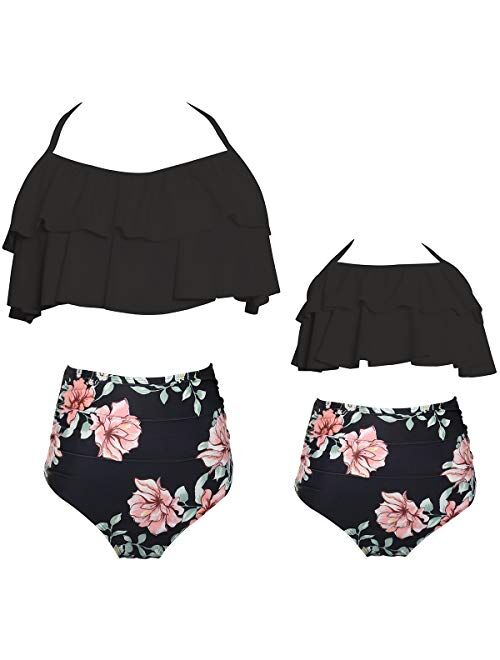 Vizakiss Women 2Pcs Fancy Mom and Me Floral Flounce Swimsuit Set Swimwear Family Matching Girls Bikini Sets