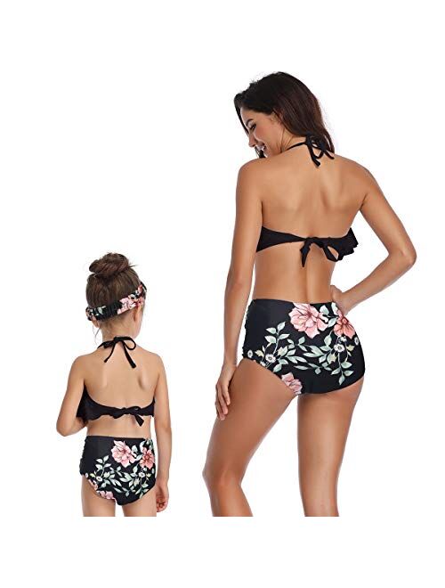 Vizakiss Women 2Pcs Fancy Mom and Me Floral Flounce Swimsuit Set Swimwear Family Matching Girls Bikini Sets