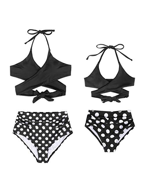 AmzBarley Mother and Daughter Family Matching Swimwear Swimsuit Girls Women 2 Pieces Halter Bikini Set Cross Bathing Suit