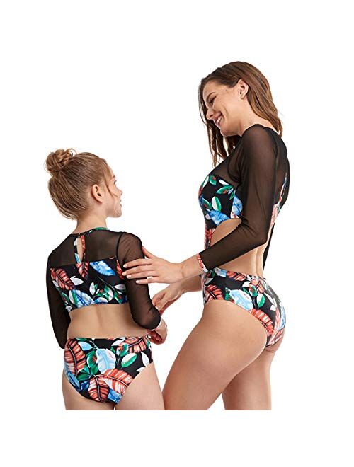 Mommy and Me Matching Swimwear One Piece Mother Daughter Bathing Beach Wear,Mesh Long Sleeve Sunscreen Swimsuit for Women