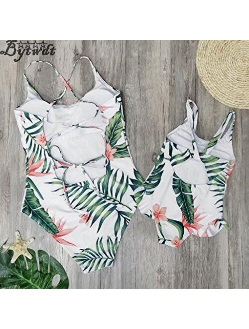 Mother Girl Swimwear Mommy and Me Matching One Piece Beach Wear Family Leaves Sporty Monokini
